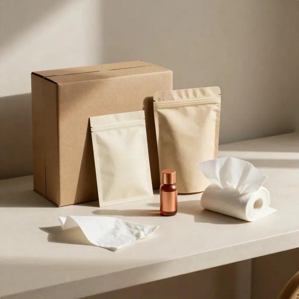 Premium packaging mockups on a warm bench: box, sleeve, pouch, bottle, and tissue wrap.