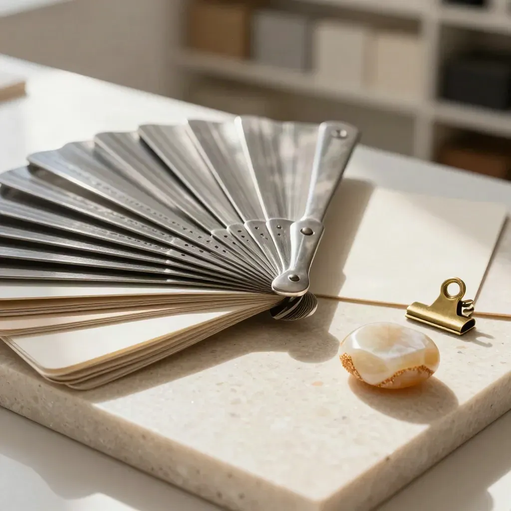 Macro still life of a creative director toolkit: swatch fan, paper deck, brass clip and color stone.