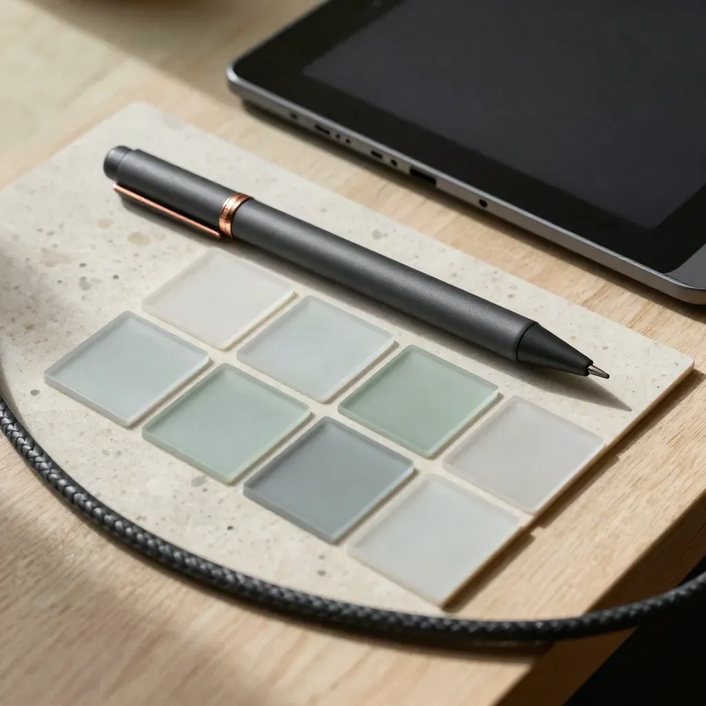 Macro still life of frosted layout tiles, stylus, tablet and cable on a design bench.