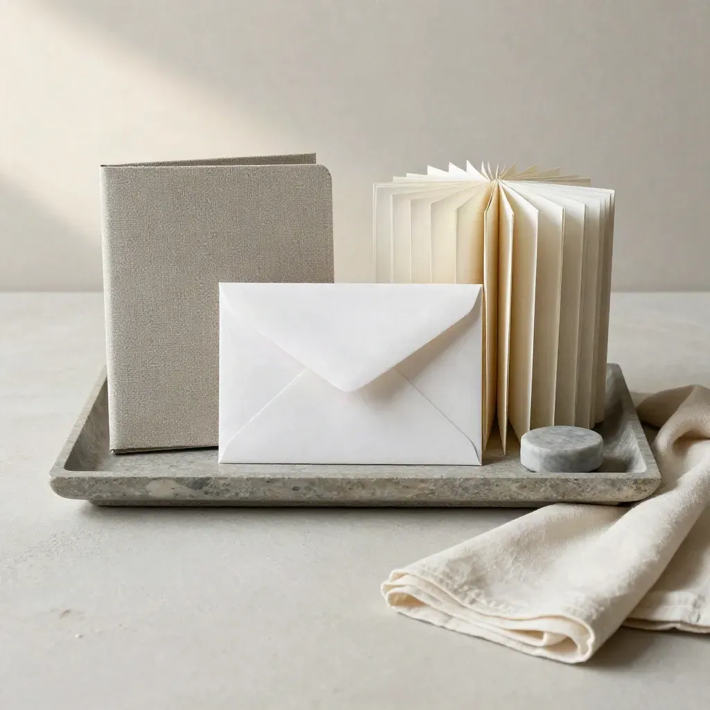 Overhead intake still life with envelope, sample folders, accordion file and stone paperweight