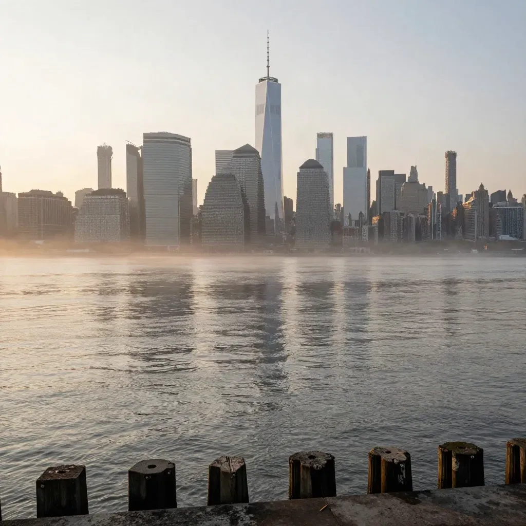 Lower Manhattan skyline over the East River at dawn, viewed from the Brooklyn waterfront.