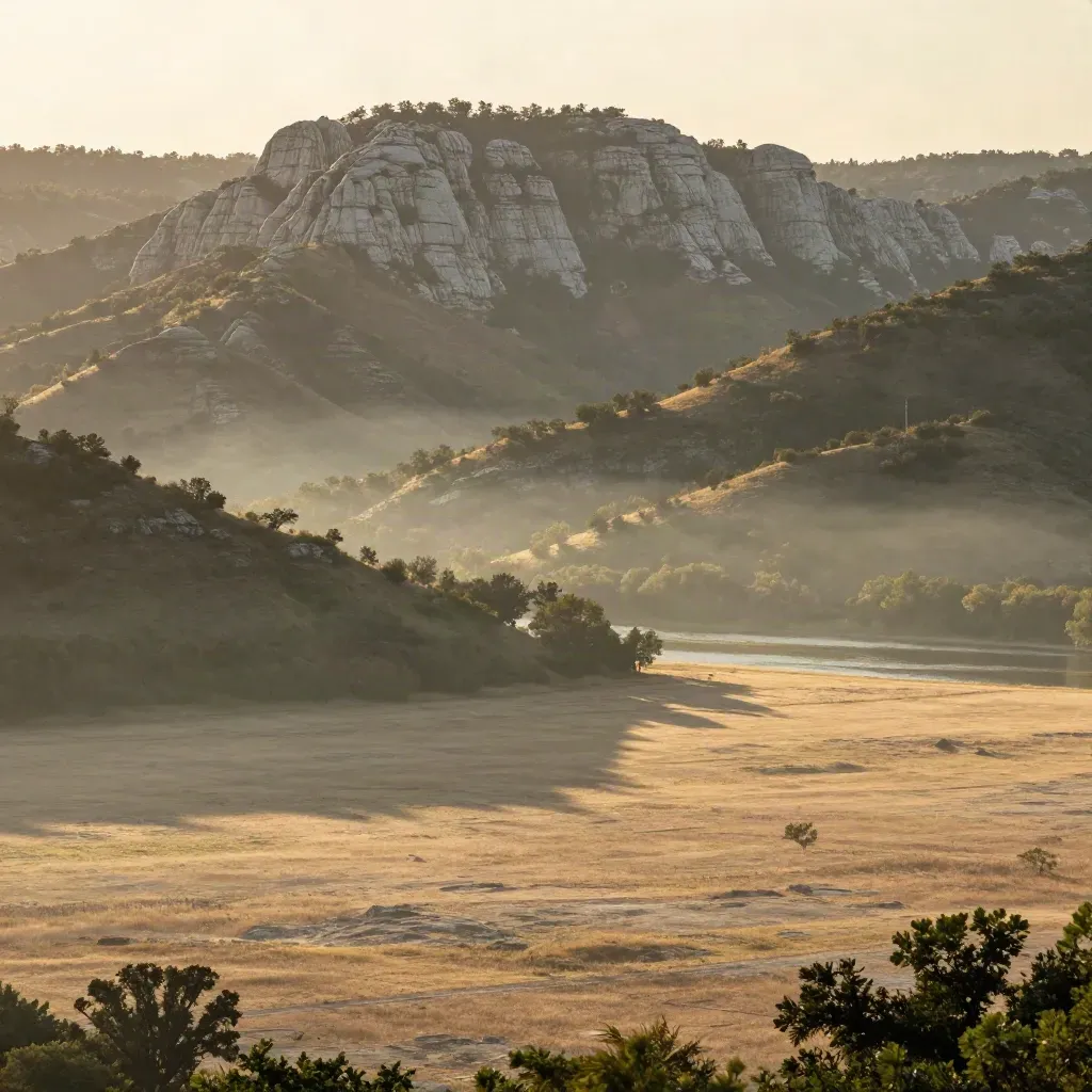 Hazy Hill Country ridges above a quiet river bend and open limestone meadow.