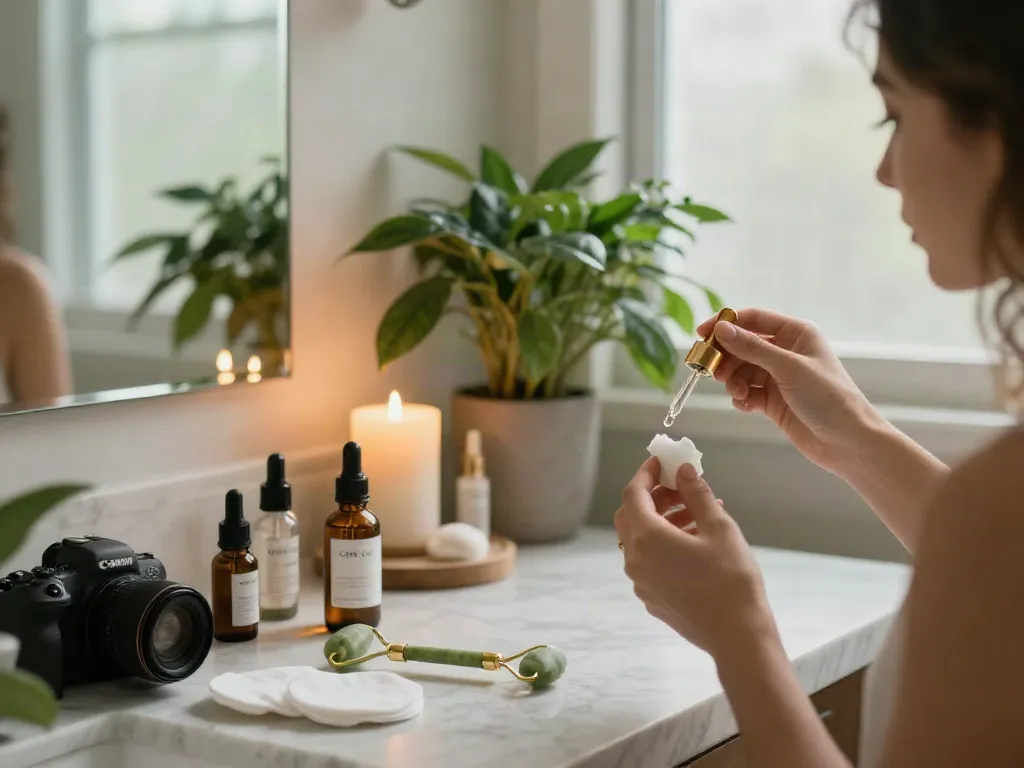 Buy ghk-cu canada skincare routine with GHK-Cu serum application in a tranquil setting